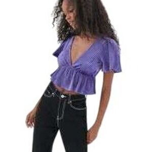 Urban Outfitters Purple Velvet‎ Plunge Peplum Top Flutter Sleeve Boho Retro S